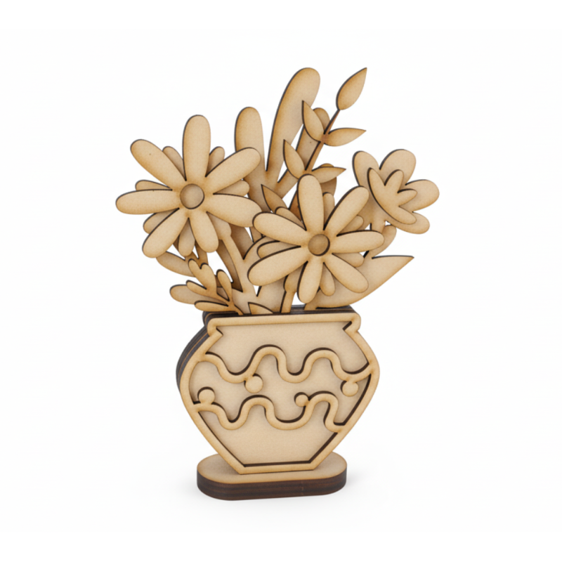 Flores de madera en macetero 3D – Pack de 3 para pintar y regalar