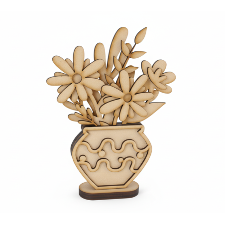 Flores de madera en macetero 3D – Pack de 3 para pintar y regalar